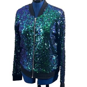 Anna-Kaci Women's Sparkly Sequin Jacket Glitter Long Sleeves Zip Up Bomber Sz M